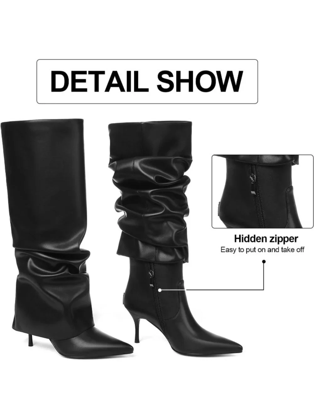 Women's Black Fold Over Point Shark Slouchy Side Hidden Zipper Knee High Boots